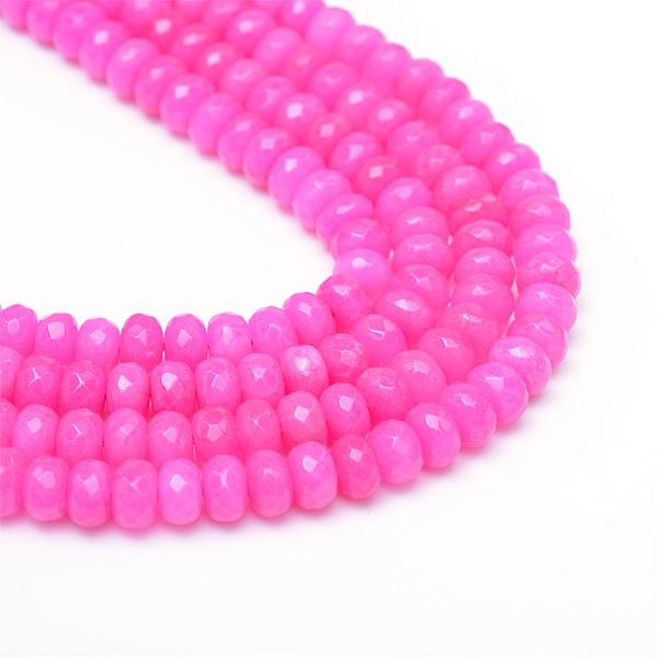 

PandaHall Natural White Jade Bead Strands, Dyed, Faceted, Rondelle, Magenta, 4~5x3mm, Hole: 0.5mm, about 115~120pcs/strand, 13.39~13.98 inch..., Pink