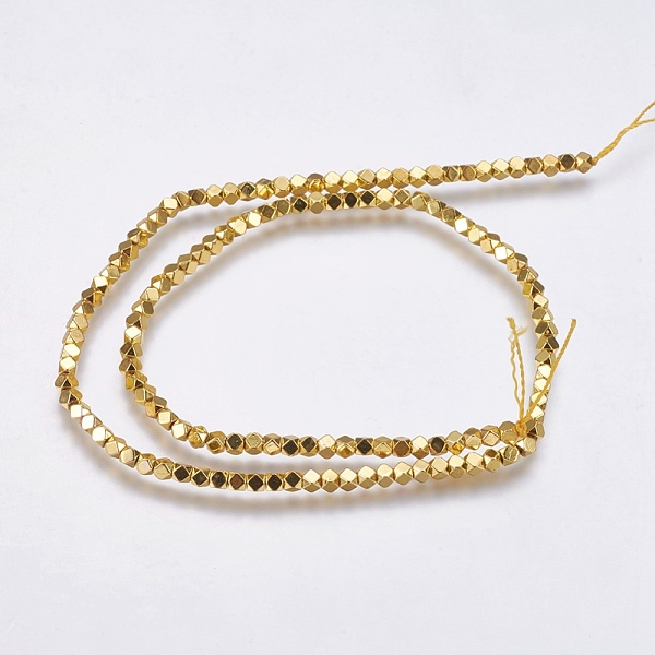 PandaHall Electroplate Non-magnetic Synthetic Hematite Bead Strands, Faceted, Cube, Golden Plated, 3x3x3mm, Hole: 0.5mm, about 133pcs/strand...