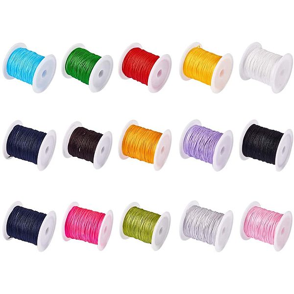 

PandaHall 15 Colors 0.8mm Rattail Satin Nylon Trim Cord Chinese Knot Kumihimo String, 15 x 11 Yard Nylon Multicolor