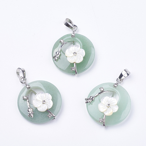 

PandaHall Natural Green Aventurine Pendants, with Shell, Rhinestone and Platinum Tone Brass Findings, Flat Round with Flower, 35.5~36x28x8mm...