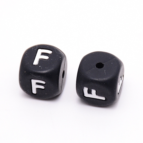 

PandaHall Silicone Beads, Cube with Letter.F, Black, 12x12x12mm, Hole: 2mm Silicone Cube Black
