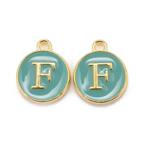

PandaHall Golden Plated Alloy Enamel Charms, Cadmium Free & Lead Free, Enamelled Sequins, Flat Round with Letter, Turquoise, Letter.F..., Green