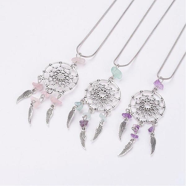 

PandaHall Alloy Pendant Necklaces, Woven Net/Web with Feather, with Natural Mixed Stone Beads and Brass Chain, 15.8 inch(40.3cm) Mixed Stone..., Multicolor
