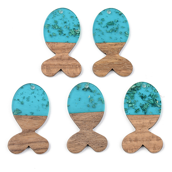 

PandaHall Transparent Resin & Walnut Wood Pendants, with Gold Foil, Fish, Dark Turquoise, 38x22x3mm, Hole: 2mm Resin+Wood Fish Cyan