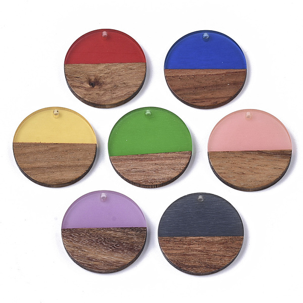 

PandaHall Transparent Resin & Walnut Wood Pendants, Flat Round, Mixed Color, 28.5x3.5~4mm, Hole: 1.5mm Resin+Wood Flat Round Multicolor