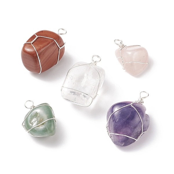

PandaHall Natural Mixed Stone Pendants, with Silver Tone Eco-Friendly Copper Wire Wrapped, Nuggets Charm, 29~38.5x16~23.5x12~18.5mm, Hole...