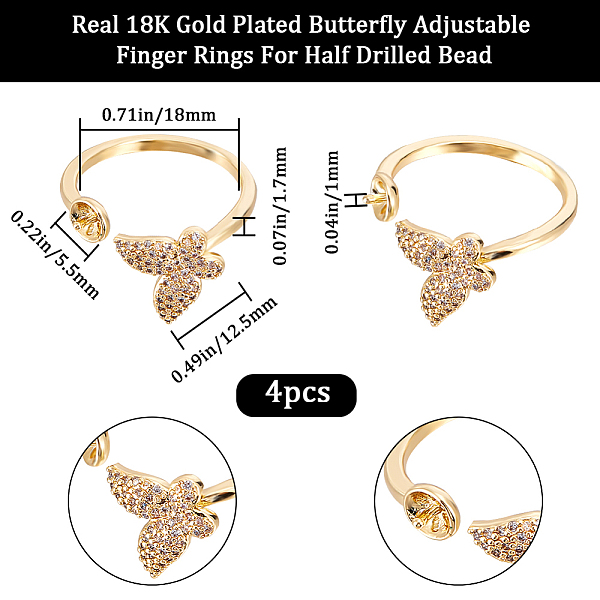 

PandaHall Beebeecraft 4Pcs Brass Micro Pave Clear Cubic Zirconia Open Cuff Ring Settings, for Half Drilled Beads, Butterfly, Real 18K Gold...