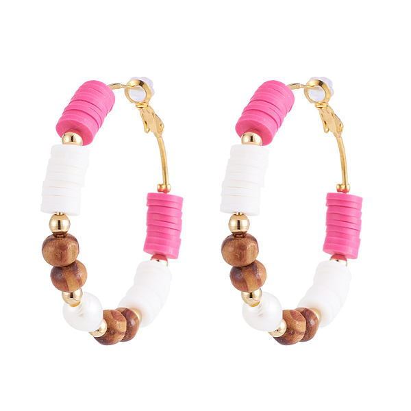 

PandaHall Heishi Beaded Hoop Earrings for Women, Wood & Natural Pearl Beaded Large Hoop Earrings, Golden, Deep Pink, 50mm, Pin: 0.7mm Wood...