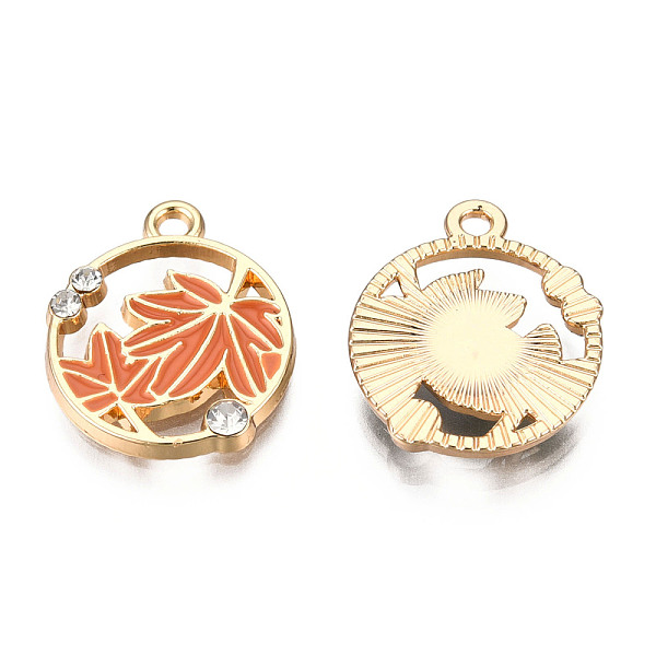 

PandaHall Autumn Theme Alloy Enamel Pendants, with Rhinestones, Light Gold, Flat Round with Maple Leaf, Coral, 18x15.5x2.5mm, Hole: 1.6mm..., Red
