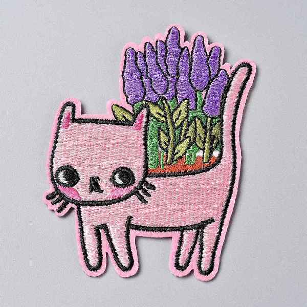 

PandaHall Computerized Embroidery Cloth Iron on/Sew on Patches, Costume Accessories, Appliques, Cat with Lavender Plant, Colorful...