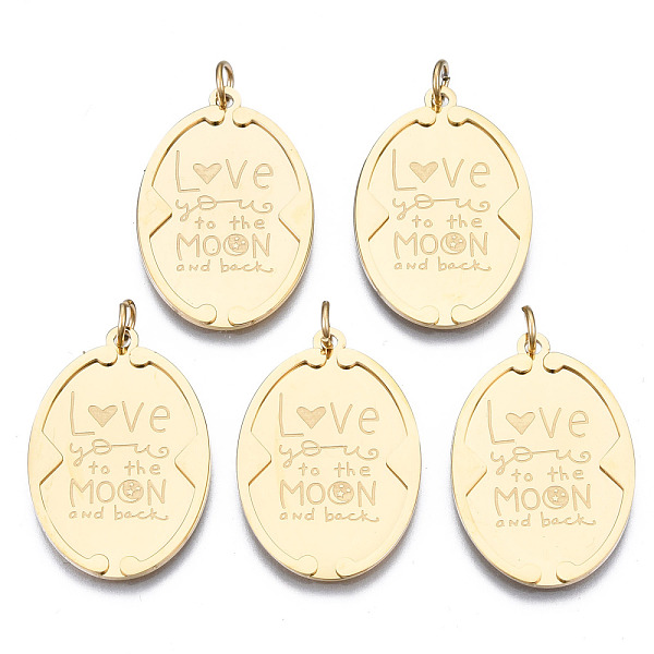 

PandaHall 316 Surgical Stainless Steel Pendants, with Jump Rings, Oval with Word Love Moon, Real 14K Gold Plated, 27.5x18x1.5mm, Hole: 3mm...