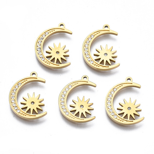 

PandaHall 316 Surgical Stainless Steel Pendants, with Micro Pave Clear Cubic Zirconia and Jump Rings, Moon with Sun, Real 14K Gold Plated...