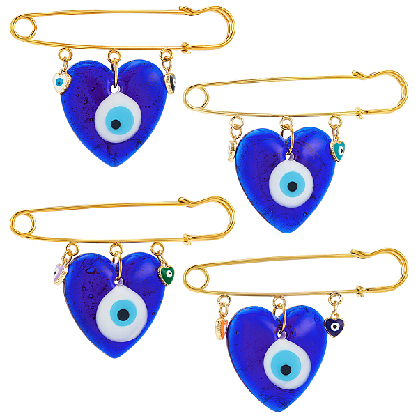 PandaHall 4Pcs 4 Color Lampwork Heart Evil Eye Charms Safety Pin Brooch, Golden Iron Sweater Shawl Clips for Waist Pants Extender Clothes...