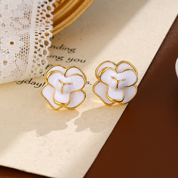 Golden Flower Brass Enamel Stud Earrings