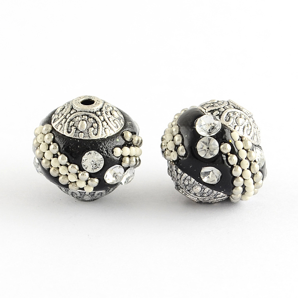

PandaHall Handmade Indonesia Beads, with Crystal Rhinestones and Alloy Cores, Round, Antique Silver, Black, 14~16x14~16mm, Hole: 1.5mm...