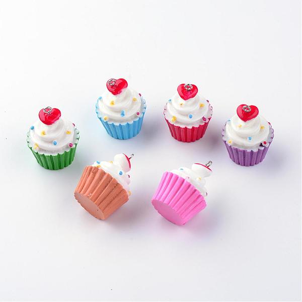 PandaHall Resin Pendants, with Iron Findings, Cup Cake, Mixed Color, 30~32x23~24mm, Hole: 2mm Iron+Resin Food Multicolor