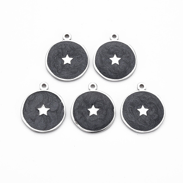 

PandaHall 304 Stainless Steel Enamel Pendants, Stainless Steel Color, Flat Round with Star, Black, 17.5x15x1mm, Hole: 1.2mm Stainless...