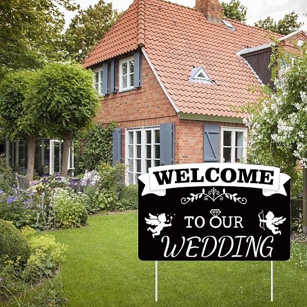 

PandaHall Plastic Yard Signs Display Decorations, for Outdoor Garden Decoration, Rectangle with Word WELCOME TO OUR WEDDING, Black...