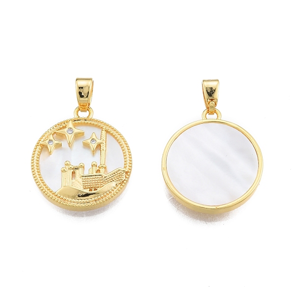 

PandaHall Synthetic White Shell Pendants, with Brass Pave Clear Cubic Zirconia Findings, Flat Round Charm with Star, Real 18K Gold Plated...