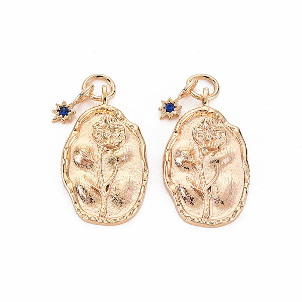 

PandaHall Brass Capri Blue Rhinestone Pendants, Birth Flower Charms, Nickel Free, Oval with Star, Real 18K Gold Plated, September Morning..., Cyan