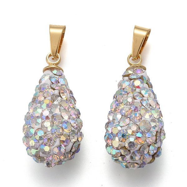 

PandaHall Polymer Clay Rhinestone Pendants, with Golden Tone Brass Pinch Bail, Teardrop, Crystal AB, 1x3/8 inch(25x11mm), Hole: 6x3mm..., Clear