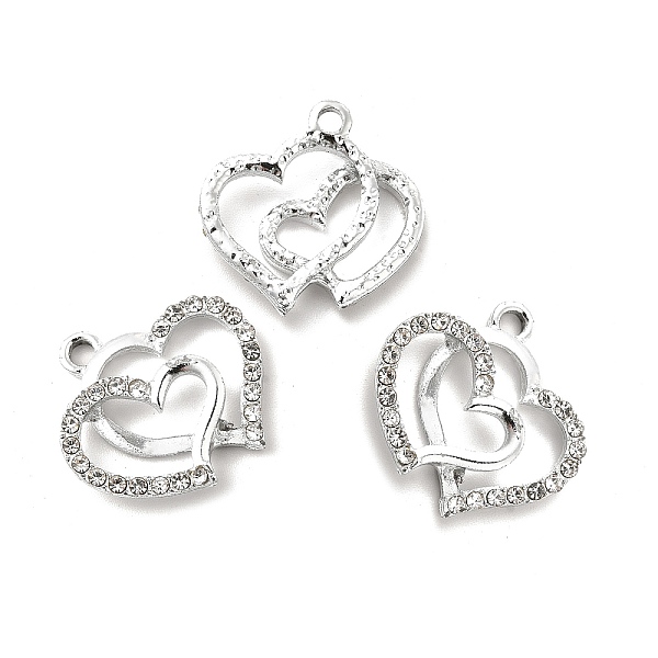 

PandaHall Alloy Rhinestone Pendants, Platinum Tone Double Heart Charms, Crystal, 19x20x4mm, Hole: 1.8mm Alloy+Rhinestone Heart Clear