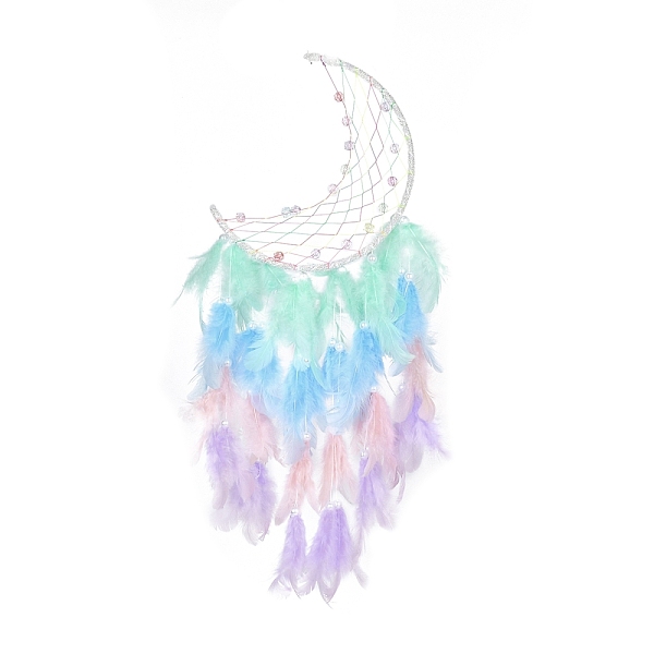 

PandaHall Iron Woven Web/Net with Feather Pendant Decorations, with Plastic Beads and Cloth, Moon, Colorful, 547mm Feather Moon