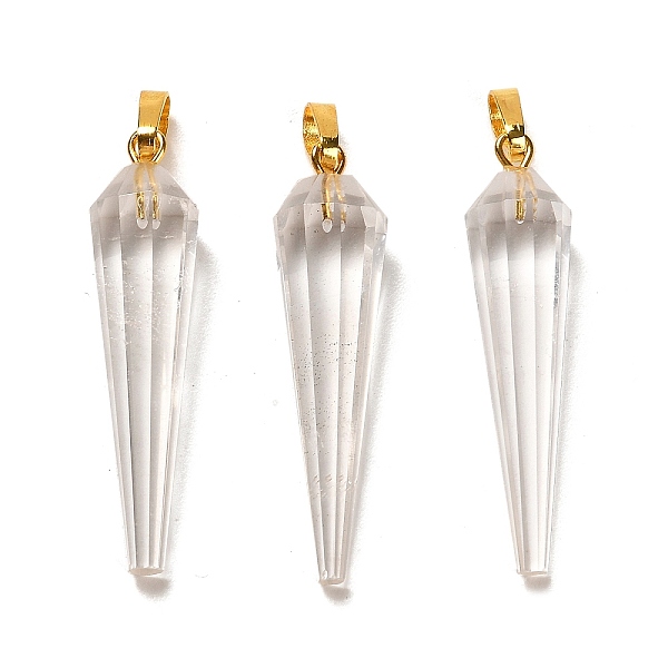 

PandaHall Natural Quartz Crystal Pointed Pendants, Faceted Cone Rock Crystal Charms with Golden Plated Barss Snap on Bails, 35~35.5x8~8.5mm...