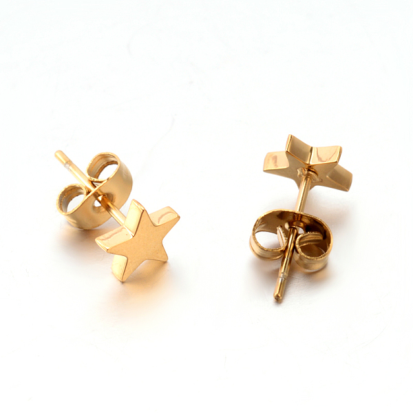 

PandaHall 304 Stainless Steel Ear Studs, Hypoallergenic Earrings, Star, Golden, 7x7x1.3mm, Pin: 0.8mm 304 Stainless Steel Star