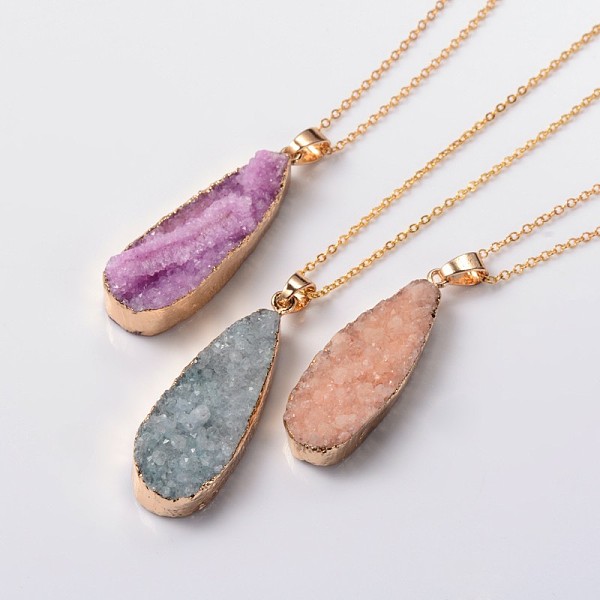 

PandaHall Natural Drusy Agate Teardrop Pendant Necklaces, with Brass Chains and Spring Ring Clasps, 18 inch Natural Agate Multicolor