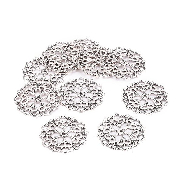 PandaHall Tibetan Style Filigree Joiners Links, Cadmium Free & Lead Free, Flower, Antique Silver, 29x1mm, Hole: 1.2mm Alloy Flower