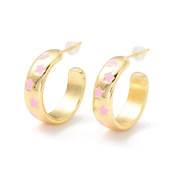 

PandaHall Real 18K Gold Plated Brass Stud Earrings for Women, Star Pattern Enamel Open Hoop Earrings, Rack Plating Half Hoop Earrings..., Pink