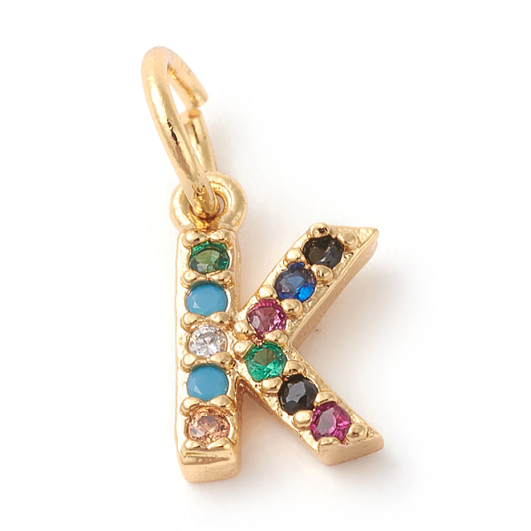 

PandaHall Brass Micro Pave Colorful Cubic Zirconia Charms, Golden, Letter.K, 9x5.5x2mm, Hole: 3mm Brass+Cubic Zirconia Letter K