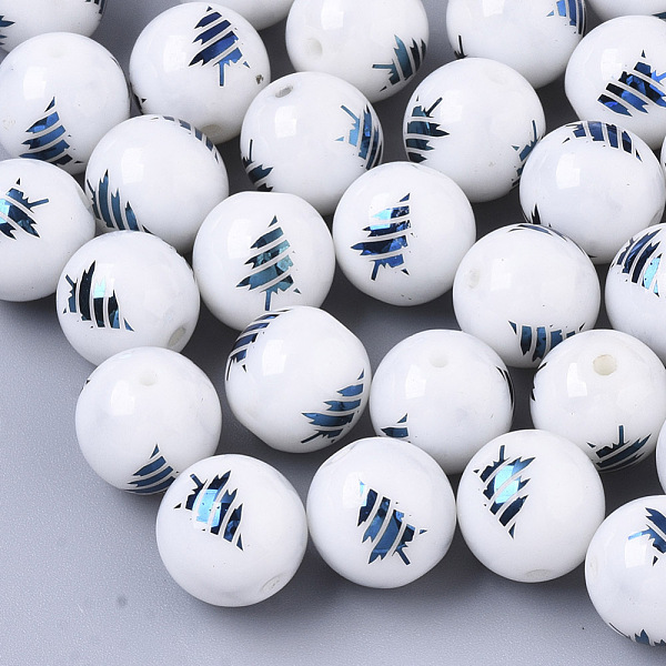 

PandaHall Christmas Opaque Glass Beads, Round with Electroplate Christmas Tree Pattern, Blue Plated, 10mm, Hole: 1.2mm Glass Round White