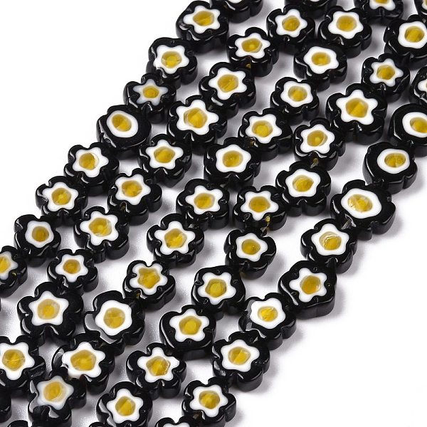 

PandaHall Handmade Millefiori Glass Bead Strands, Flower, Black, 10~12x2.6mm, Hole: 1mm, about 40pcs/strand, 15'(38cm) Millefiori Lampwork...