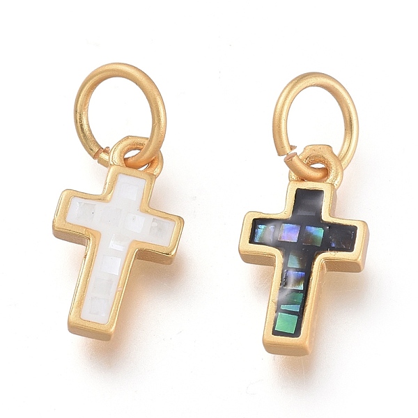 

PandaHall Natural Shell Charms, with Brass Findings and Jump Rings, Cross, Matte Style, Matte Gold Color, 12x7x2.2mm, Hole: 4.5mm Mixed..., Multicolor