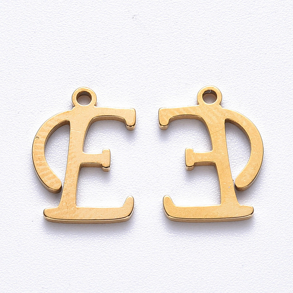 

PandaHall Vacuum Plating 201 Stainless Steel Charms, Laser Cut, Golden, Letter.E, 12.5x9.5x1mm, Hole: 1mm 201 Stainless Steel Letter E