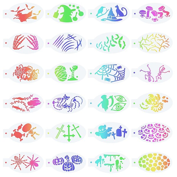 

PandaHall GORGECRAFT 24PCS Face Paint Stencils Body Painting Template Halloween Theme Skull Spider Witch Bat Pumpkin Pattern Reusable Soft...