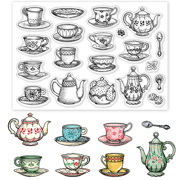 PandaHall GLOBLELAND Tea Coffee Cups Clear Stamps Afternoon Tea Theme Embossing Stamp Sheets Teapot Silicone Clear Stamps Seal Rubber Stamps...