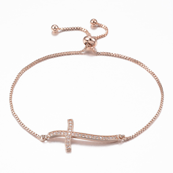 

PandaHall Adjustable Brass Micro Pave Cubic Zirconia Slider Bracelets, Bolo Bracelets, Cross, Rose Gold, 10-1/4 inch(260mm), 1.2mm Cubic..., Clear