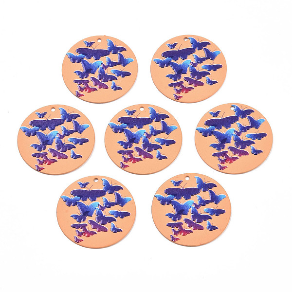 

PandaHall Spray Painted Iron Pendants, Rubberized Style, 3D Printed, Butterfly Print Pattern, Flat Round, Coral, 25.5x0.8mm, Hole: 1.2mm..., Red