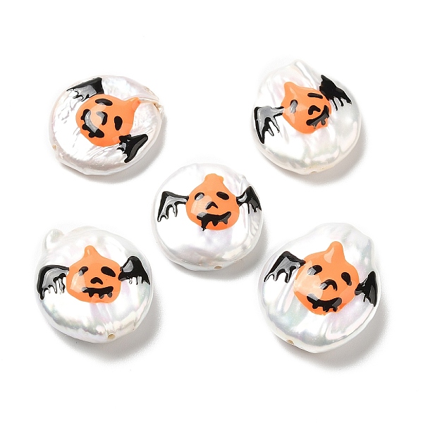 

PandaHall Baroque Style Natural Keshi Pearl Beads, Halloween Theme Beads with Enamel, Flat Round, Seashell Color, Bat, 17~20x15~17x4~7mm...