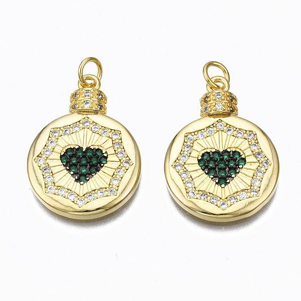 

PandaHall Brass Micro Pave Cubic Zirconia Pendants, with Jump Rings, Nickel Free, Flat Round with Heart, Real 16K Gold Plated, Dark Green...