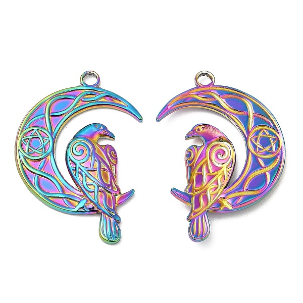 

PandaHall 304 Stainless Steel Pendants, Moon with Bird Charm, Rainbow Color, 36x24x3mm, Hole: 3mm 304 Stainless Steel Moon