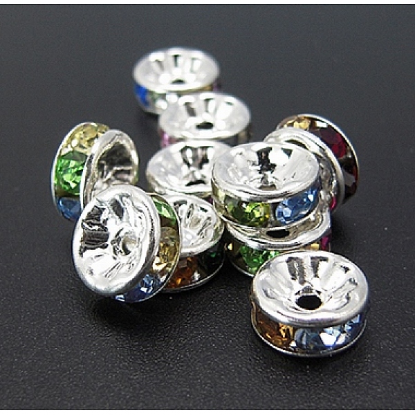 

PandaHall Brass Rhinestone Spacer Beads, Grade A, Silver Color Plated, Rondelle, Colorful, Size: about 8mm in diameter, 3.5mm thick, hole...