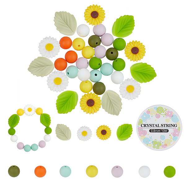 

PandaHall PH 44pcs Silicone Beads, 12mm Chunky Beads Flower Leaf Rubber Beads Daisy Sunflower Loose Beads with 10 Yards Thread for Spring..., Multicolor