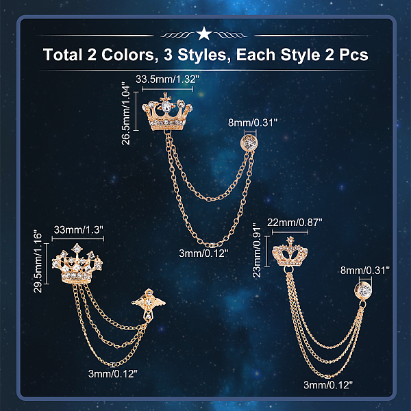 

PandaHall CHGCRAFT 6Pcs 6 Style Men's Brooch Suit Pin with Chain Crown Rhinestone Tassel Brooch Pin Crown Long Chain Brooch Collar Lapel Pin..., Clear