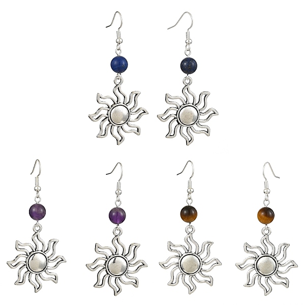 

PandaHall 3 Pairs 3 Style Natural Mixed Gemstone Beaded Dangle Earrings, Sun Tibetan Style Alloy Long Drop Earrings, 65x30.5mm, 1...