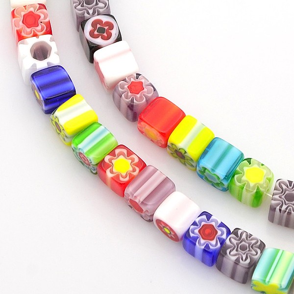 

PandaHall Handmade Millefiori Glass Bead Strands, Cube, Mixed Color, 6x6x6mm, Hole: 1mm, about 65pcs/strands, 16 inch Millefiori Lampwork..., Multicolor