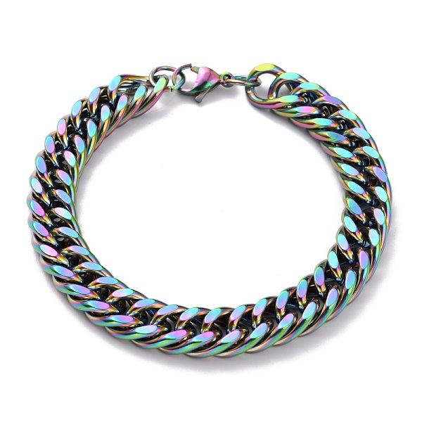 

PandaHall Ion Plating(IP) 304 Stainless Steel Cuban Link Chain Bracelets, with Lobster Claw Clasps, Faceted, Rainbow Color, 8-7/8x3/8 inch...